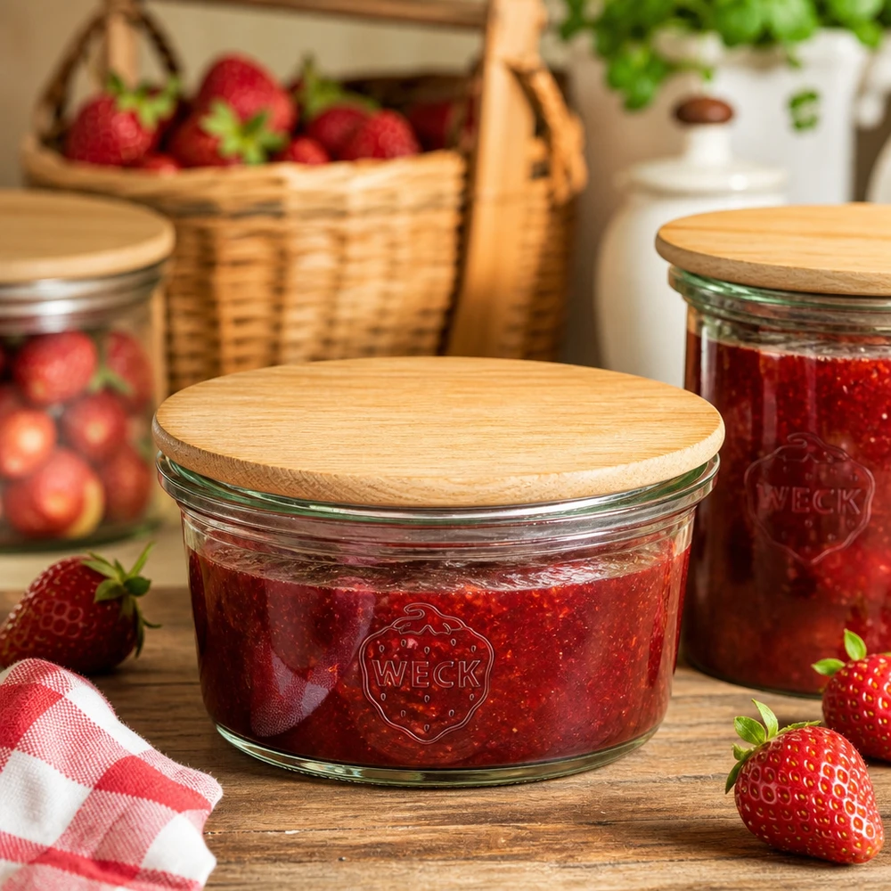 Mini bocal de 50ml WECK RR60 avec couvercle en bois WECK Mini pot renversé 50ml rempli de confiture de fraises avec couvercle en bambou dans une cuisine rustique avec des fraises fraîches