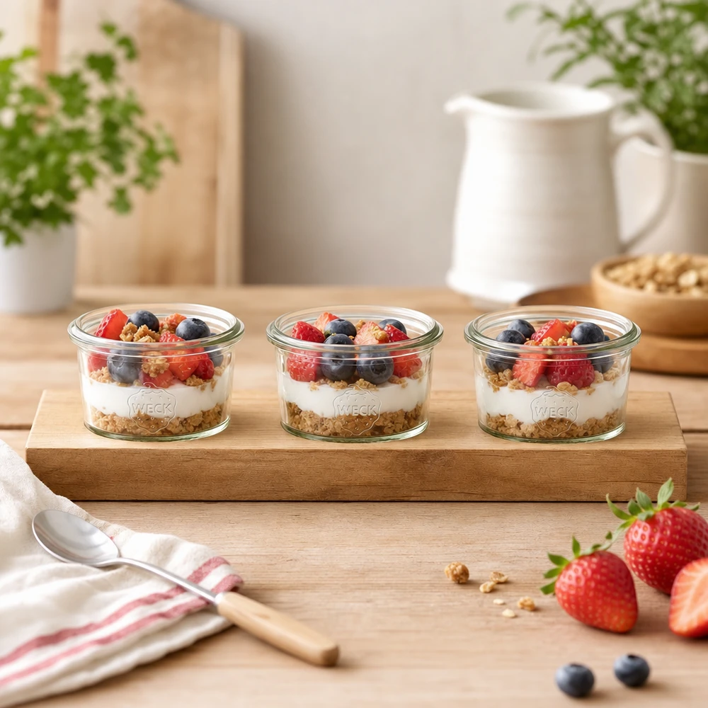 Planche à servir en bois Plano3 avec des pots renversés Weck de 80ml comme parfait au yaourt avec des baies et du granola dans une cuisine claire