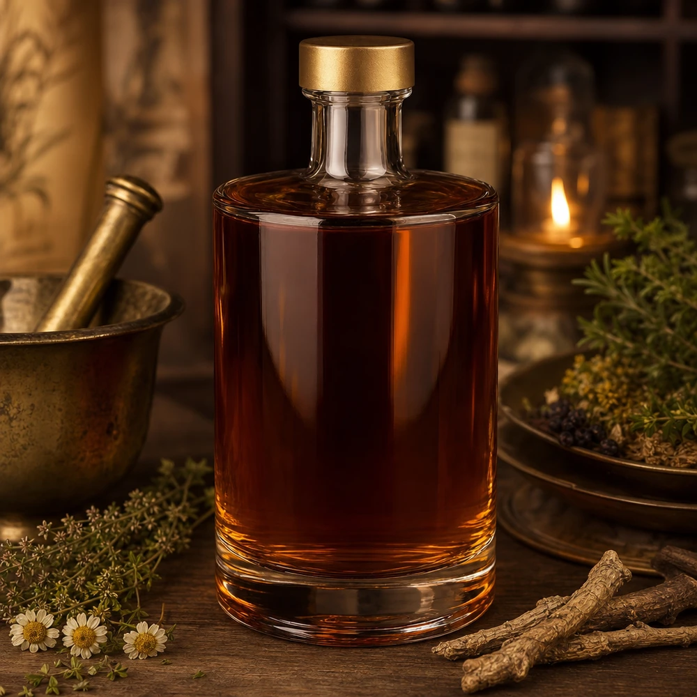 Bouteille en verre 500 ml « Sam » + bouchon à vis doré UNiTWIST® Bouteille en verre de 500ml Sam avec bouchon doré UNiTWIST remplie de liquide brun herbes rustiques décoration