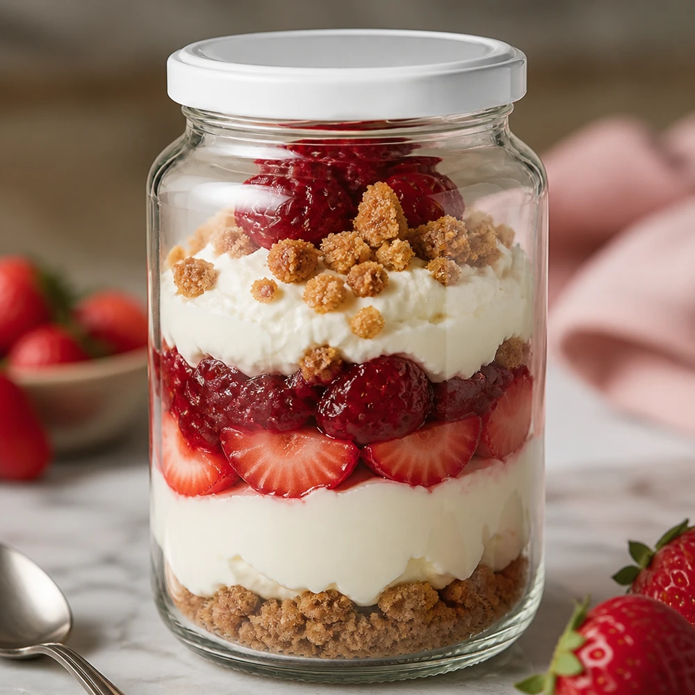 Verre rond de 382 ml UNiTWIST avec couvercle blanc BasicSeal comme verre à dessert avec dessert stratifié fraises et crème fraîche