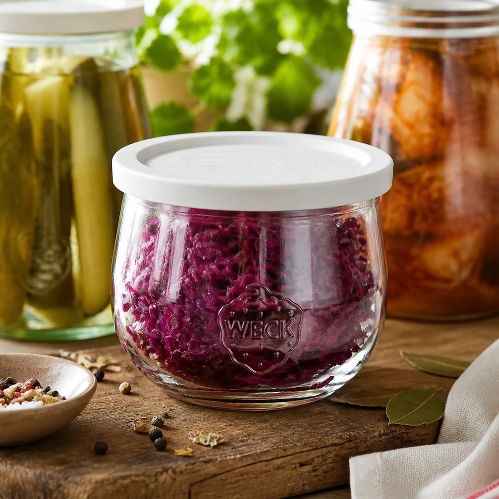 580ml bocal tulipe avec couvercle fraîcheur WECK RR100 WECK Tulpenglas 580ml RR100 mit Rotkraut gefüllt zwischen eingelegten Gurken und Kimchi für Fermentierung und Konservier