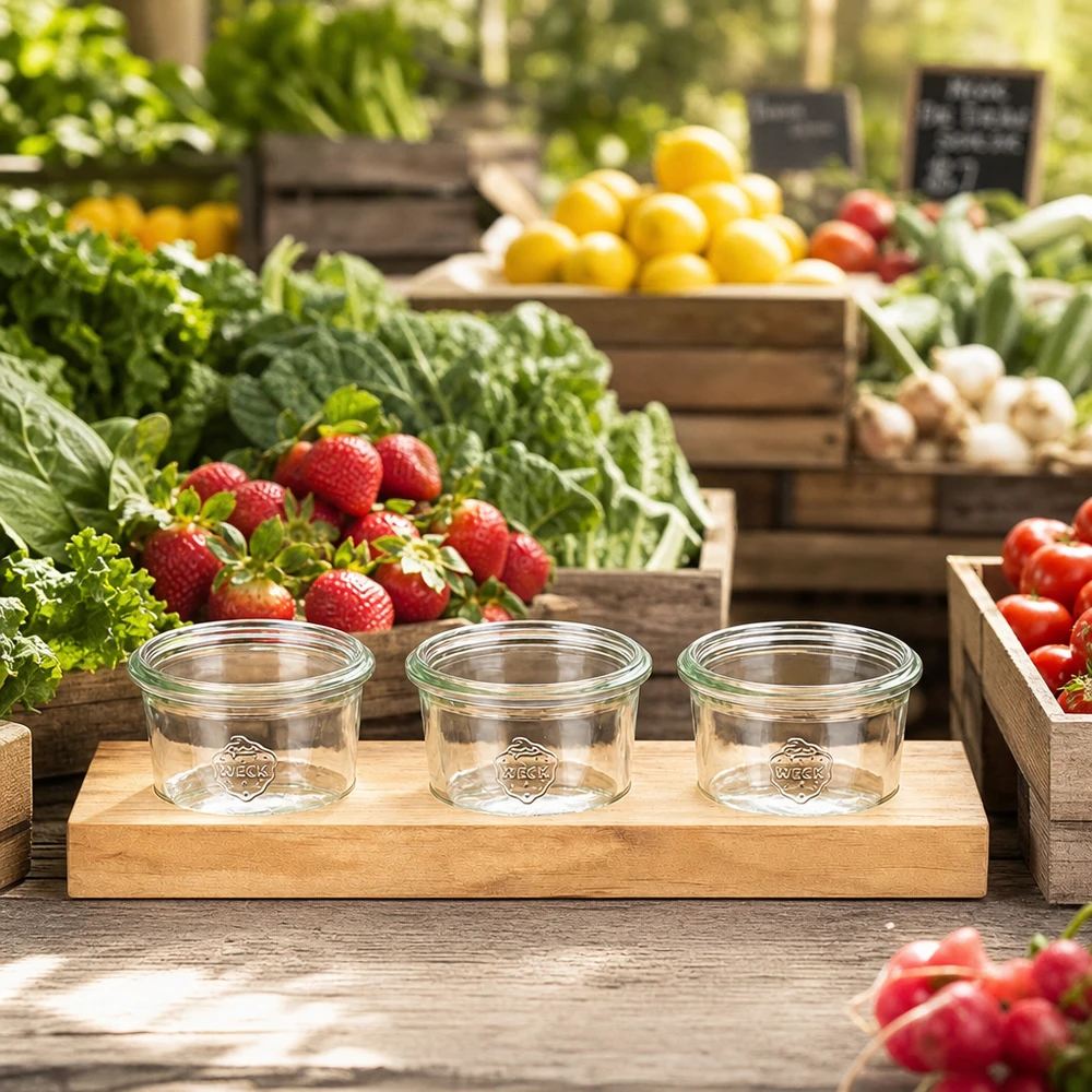 Plateau de service avec trois petits bocaux WECK sur une table