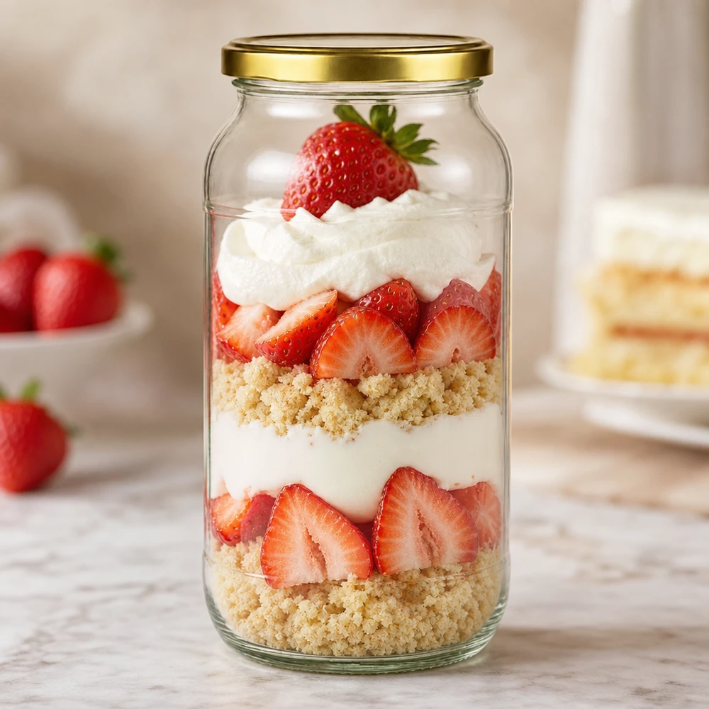 1062ml Verre rond avec couvercle BasicSeal or UNiTWIST Verre rond de 1062 ml avec couvercle doré BasicSeal comme verre à dessert pour un dessert stratifié à la fraise et à la crème avec des vermicelles
