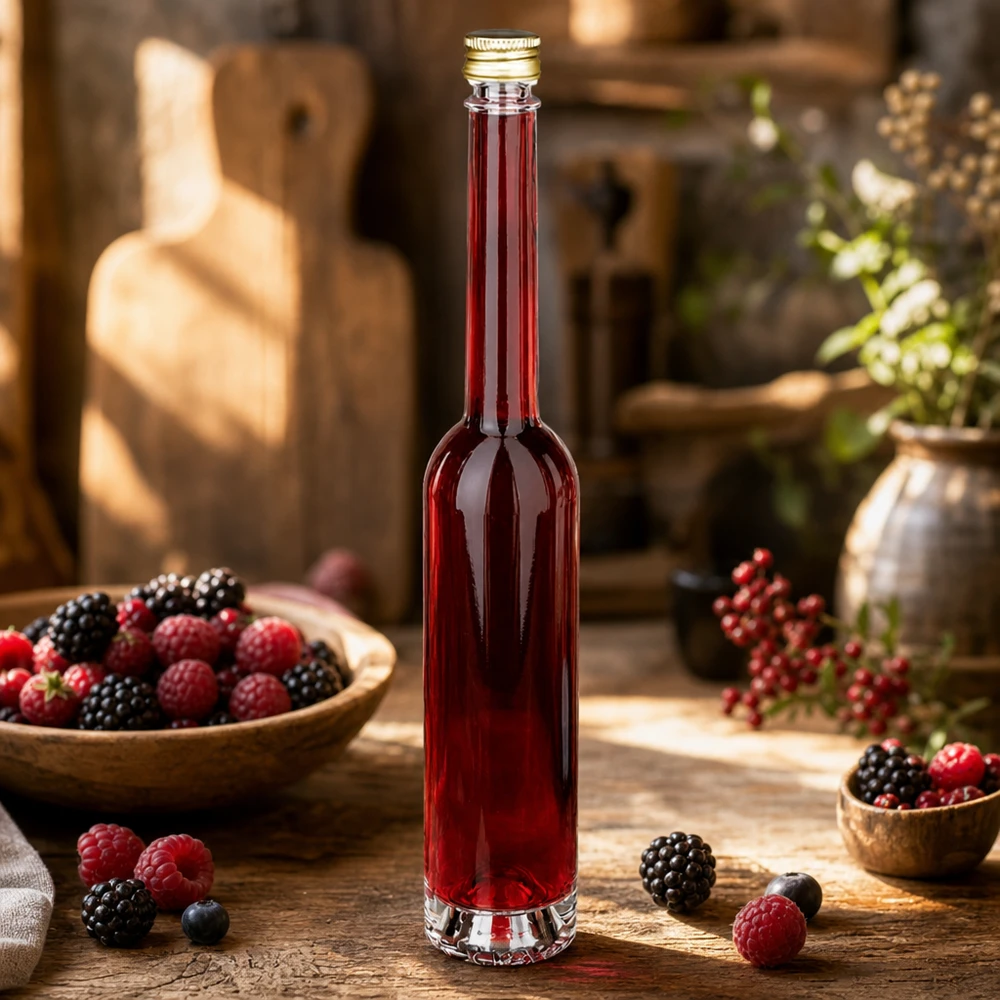 Bouteille en verre Toni de 100 ml remplie de liqueur de baies - bouchon doré UNiTWIST dans une cuisine rustique avec des baies fraîches