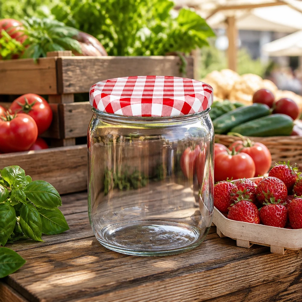 Pot rond de 425 ml avec couvercle à carreaux rouges et blancs entre des fraises fraîches, des tomates et des légumes sur une table en bois