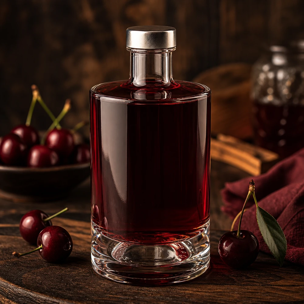 Bouteille en verre 375 ml « Sam » et bouchon à vis argenté UNiTWIST® Bouteille en verre Sam de 375 ml avec remplissage rouge cerise et bouchon argenté entre des cerises fraîches sur une table en bois