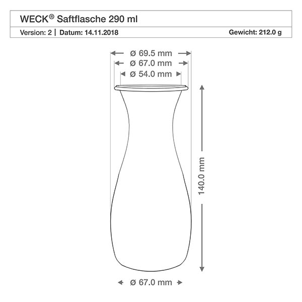 290ml Bouteille à jus de fruits WECK RR60 avec boule en bois en hêtre Dessin technique WECK Bouteille de jus 290ml RR60 avec dimensions et poids 212g, spécification détaillée du produit