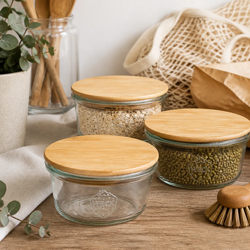 Mini bocal de 50ml WECK RR60 avec couvercle en bois WECK Mini Sturzglas 50ml mit Bambusdeckel in nachhaltiger Zero-Waste Küche mit Mesh-Beutel und Holzutensilien