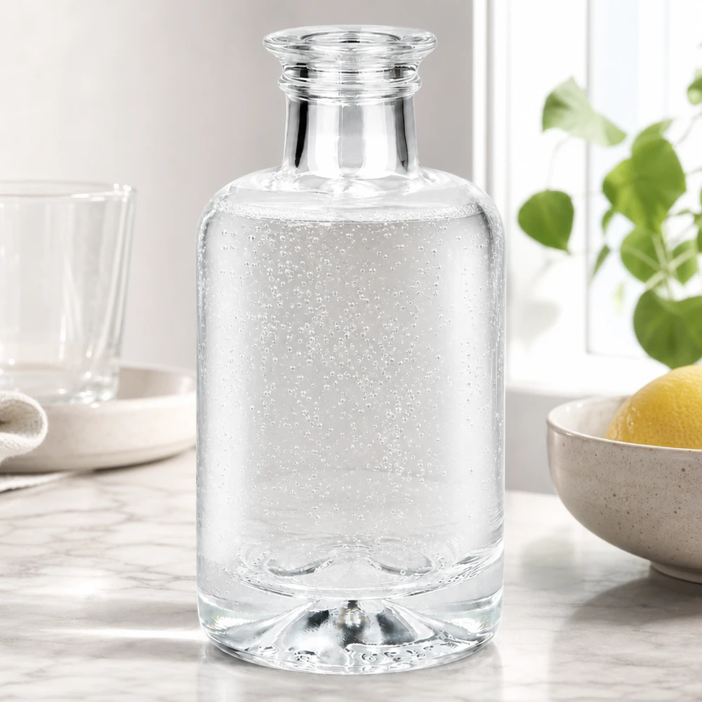 Flacon à pharmacie « Sofia » 100 ml sans bouchon UNiTWIST® Bouteille en verre Sofia de 100 ml remplie d'eau gazeuse sur un plan de travail de cuisine blanc à côté de citrons et d'une plante