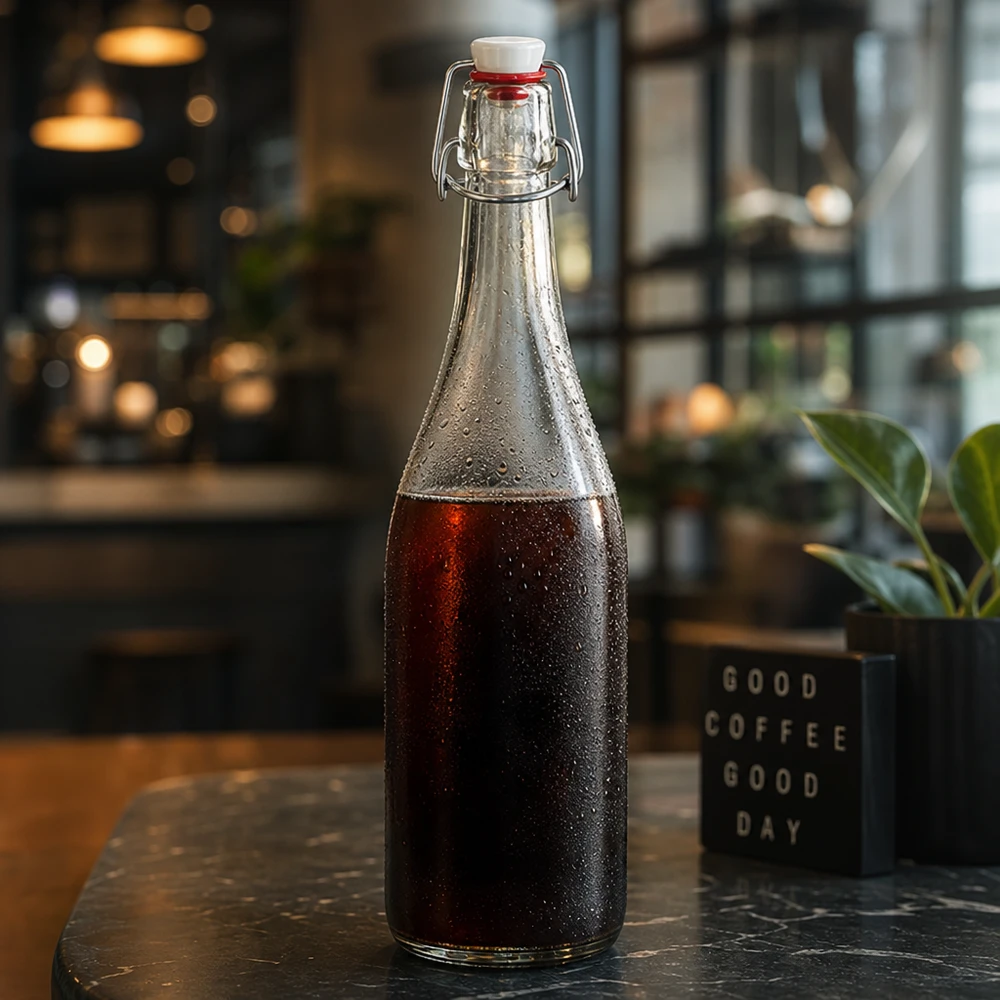 750ml Bouteille en verre avec bouchon à étrier remplie de coca Café ambiance cold brew coffee ambient éclairage stylé
