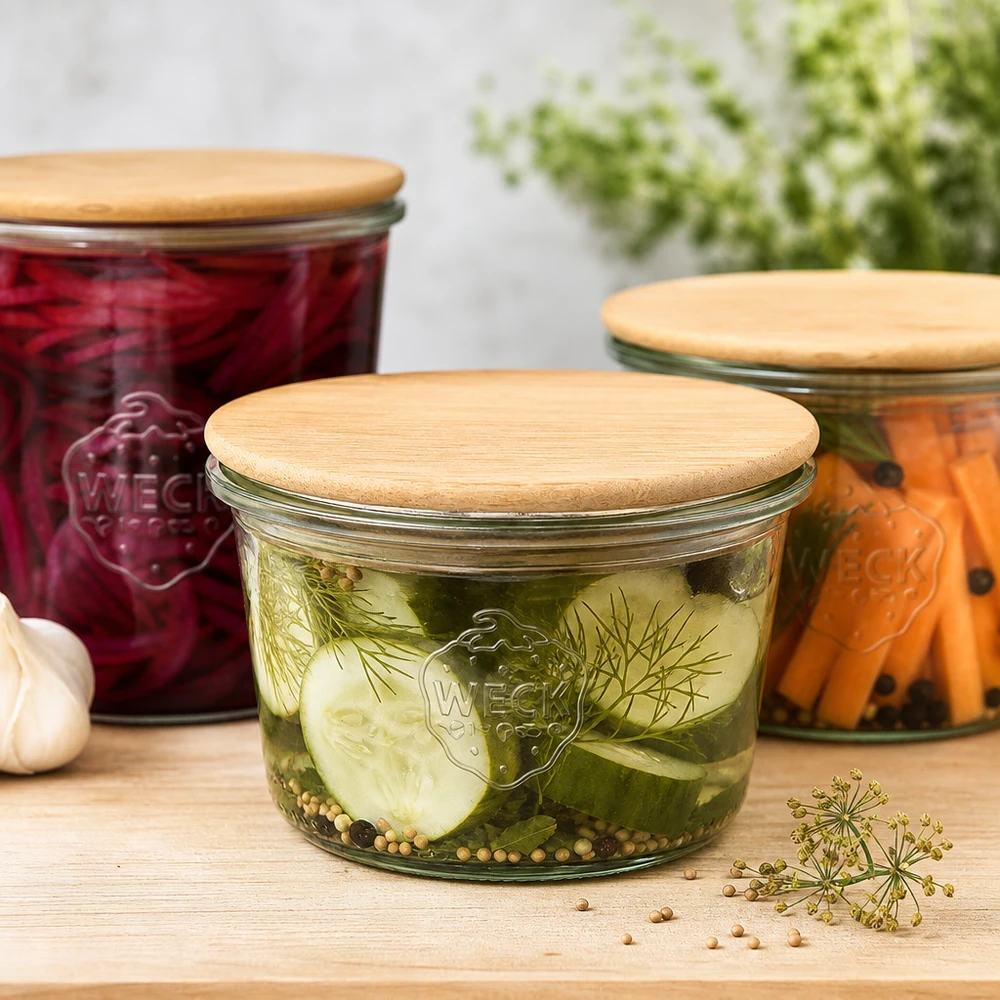 WECK Bocal 80ml RR60 Couvercle en bois Concombres marinés Légumes fermentés Conservation Aides culinaires