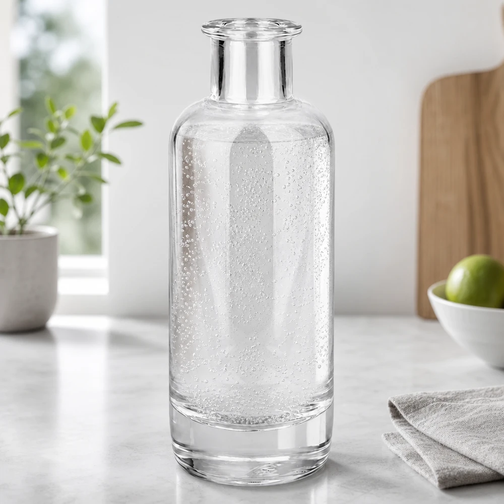 Bouteille en verre 200 ml « Ella » sans bouchon UNiTWIST® Bouteille en verre Ella de 200ml remplie d'eau minérale pétillante dans la cuisine moderne montre l'utilisation pour les boissons