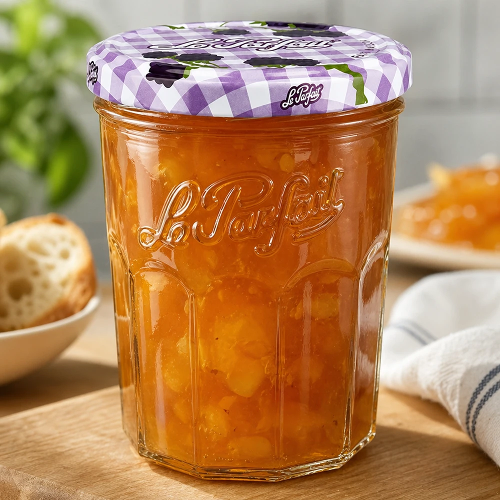 Le Parfait Verre renversé 385ml rempli de marmelade d'orange sur une table en bois à côté du pain et des couverts du petit-déjeuner