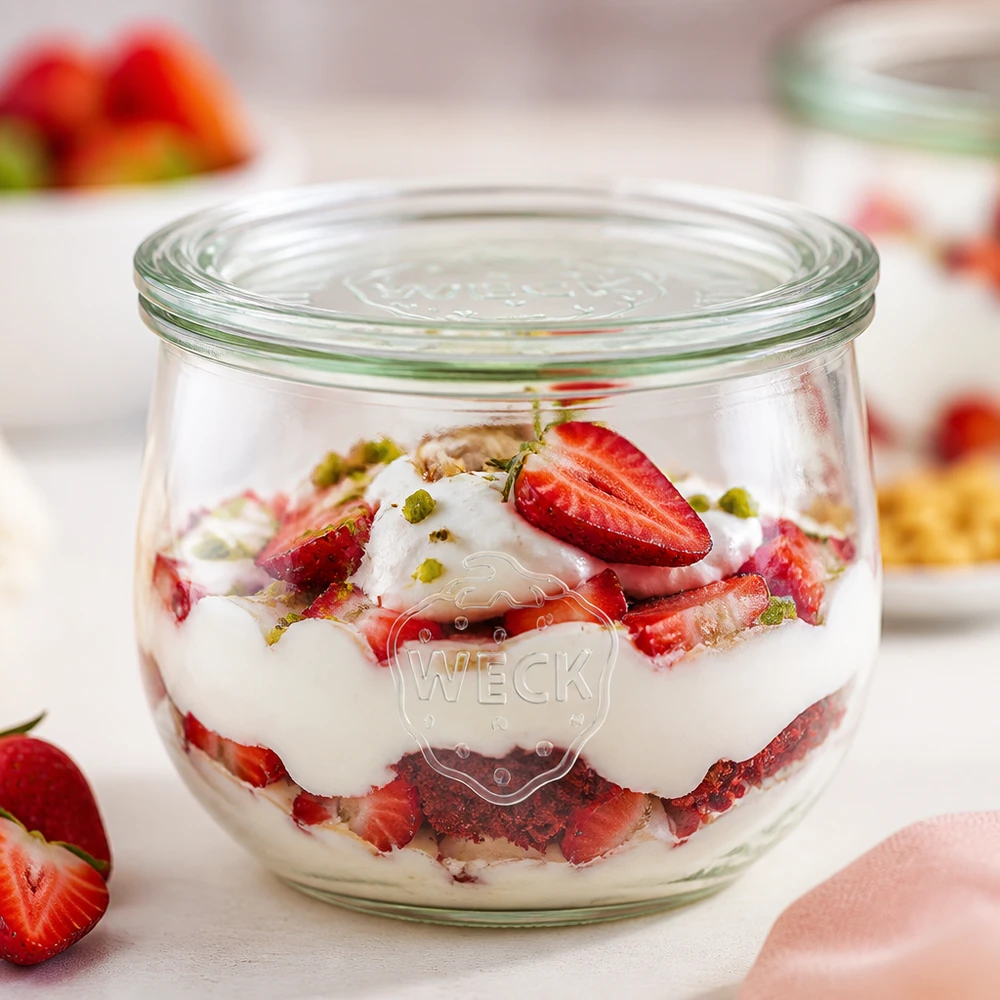 580ml bocal tulipe avec bouchon en verre WECK RR100 WECK Pot tulipe 580ml RR100 rempli de dessert fraise-yaourt comme variante de dessert avec des pistaches sur une surface blanche