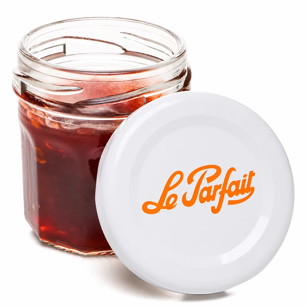 Le Parfait® Mini‑Jam 44 ml Ø48 mm pot Mini pot Le Parfait 44ml ouvert rempli de confiture rouge avec logo orange sur couvercle blanc