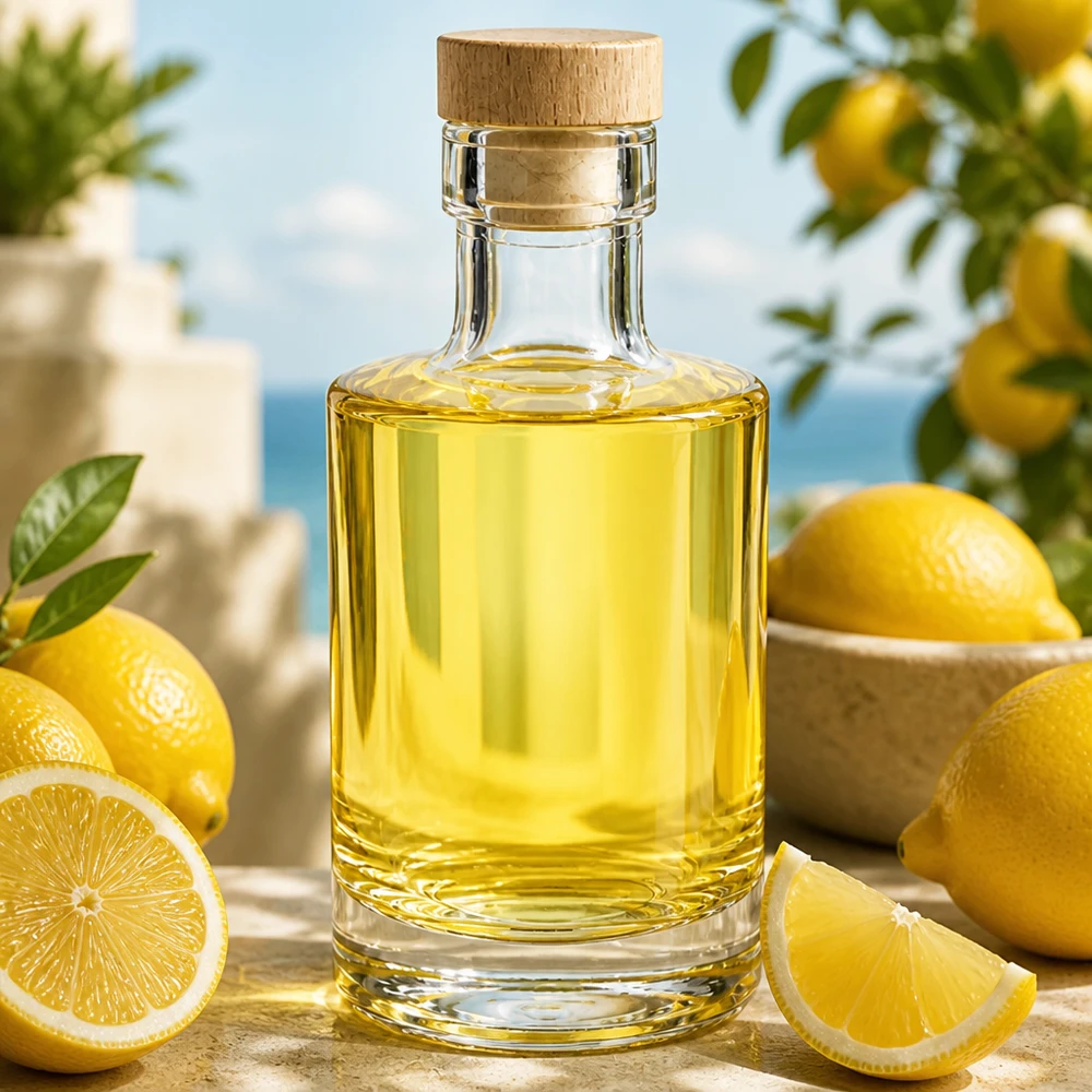 Bouteille en verre 200 ml « Marie » avec bouchon en bois UNiTWIST® Bouteille en verre Marie de 200ml remplie d'huile jaune, bouchon en liège, décorée avec des citrons sur une table en bois