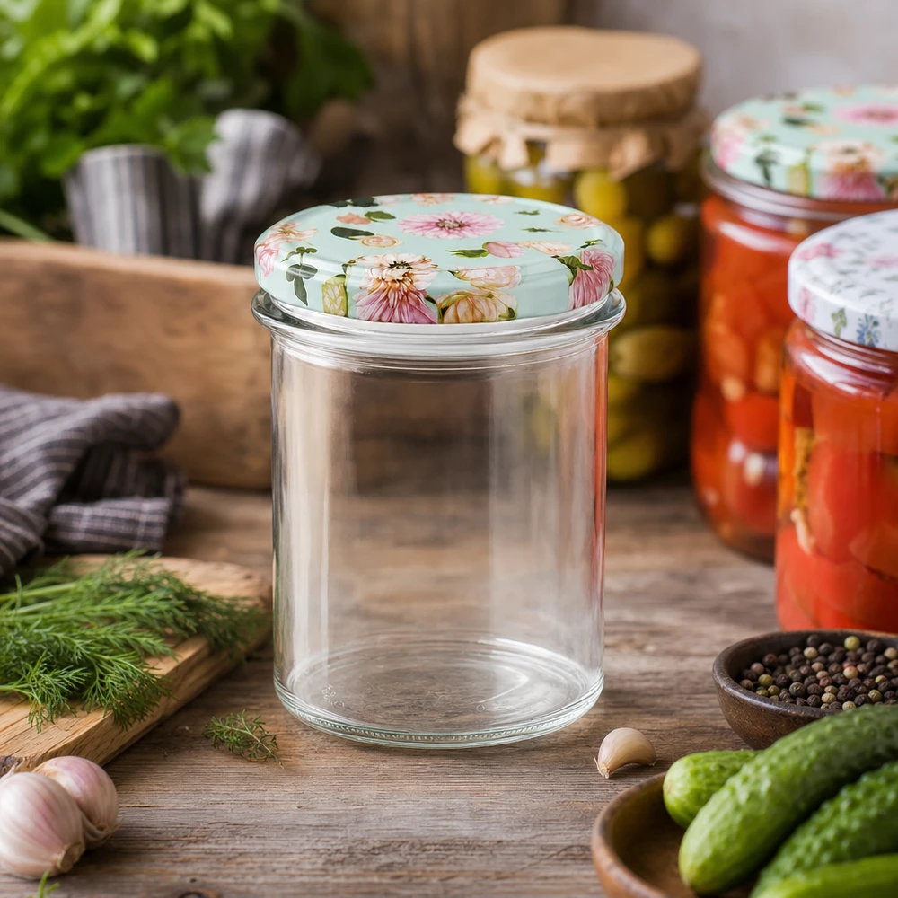Pot de conserve de 350 ml avec couvercle à fleurs menthe dans une cuisine rustique, entouré de cornichons frais et d'épices à mettre en conserve