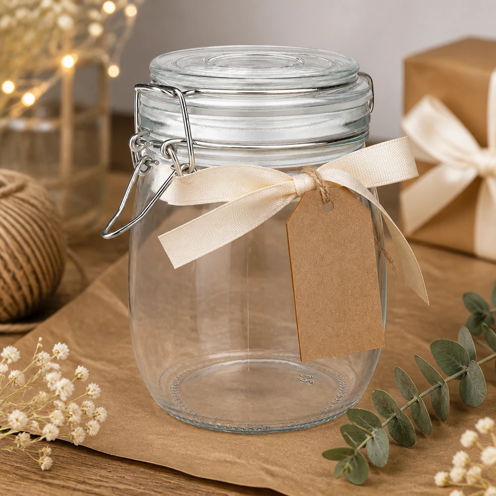 Pot de réserve 750ml type S avec fermeture à étrier UN. Bocal à provisions décoratif de 750 ml avec ruban de couleur crème et étiquette cadeau pour les occasions spéciales
