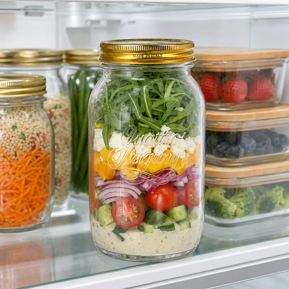 1500ml Quattro Stagioni bocal rempli de salade en couches dans le réfrigérateur meal prep conservation de la salade