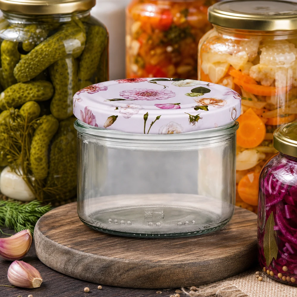 Pot cylindrique de 230 ml + couvercle BasicSeal rose fleur Pot cylindrique de 230ml avec couvercle à fleur rose entre les bocaux - Pots de conservation pour la fermentation et les provisions