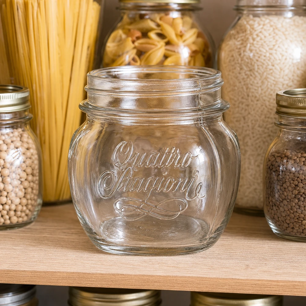 300ml Verre rond "Quattro Stagioni" QS70mm 300ml Quattro Stagioni Bocal en verre transparent avec couvercle à visser pour la conservation et le stockage des aliments.