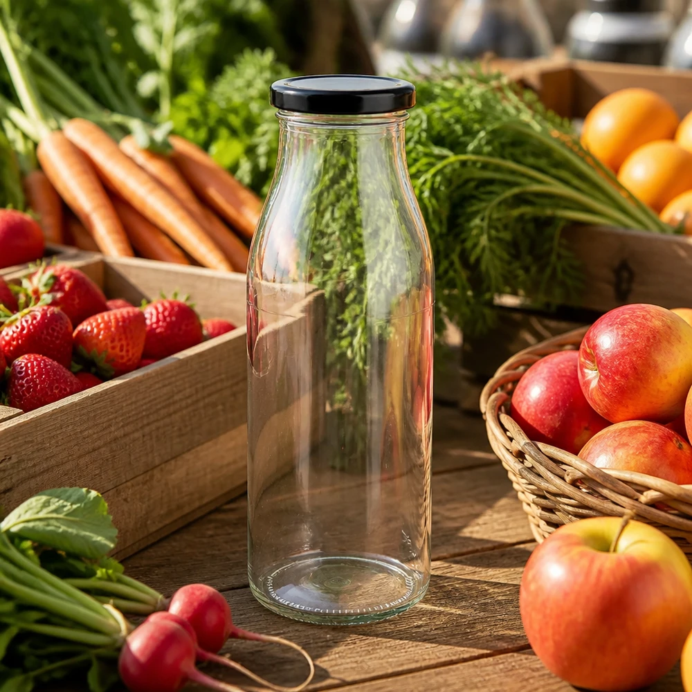 Bouteille en verre de 500 ml avec couvercle noir parmi des fruits et légumes frais sur une table en bois Scène de cuisine