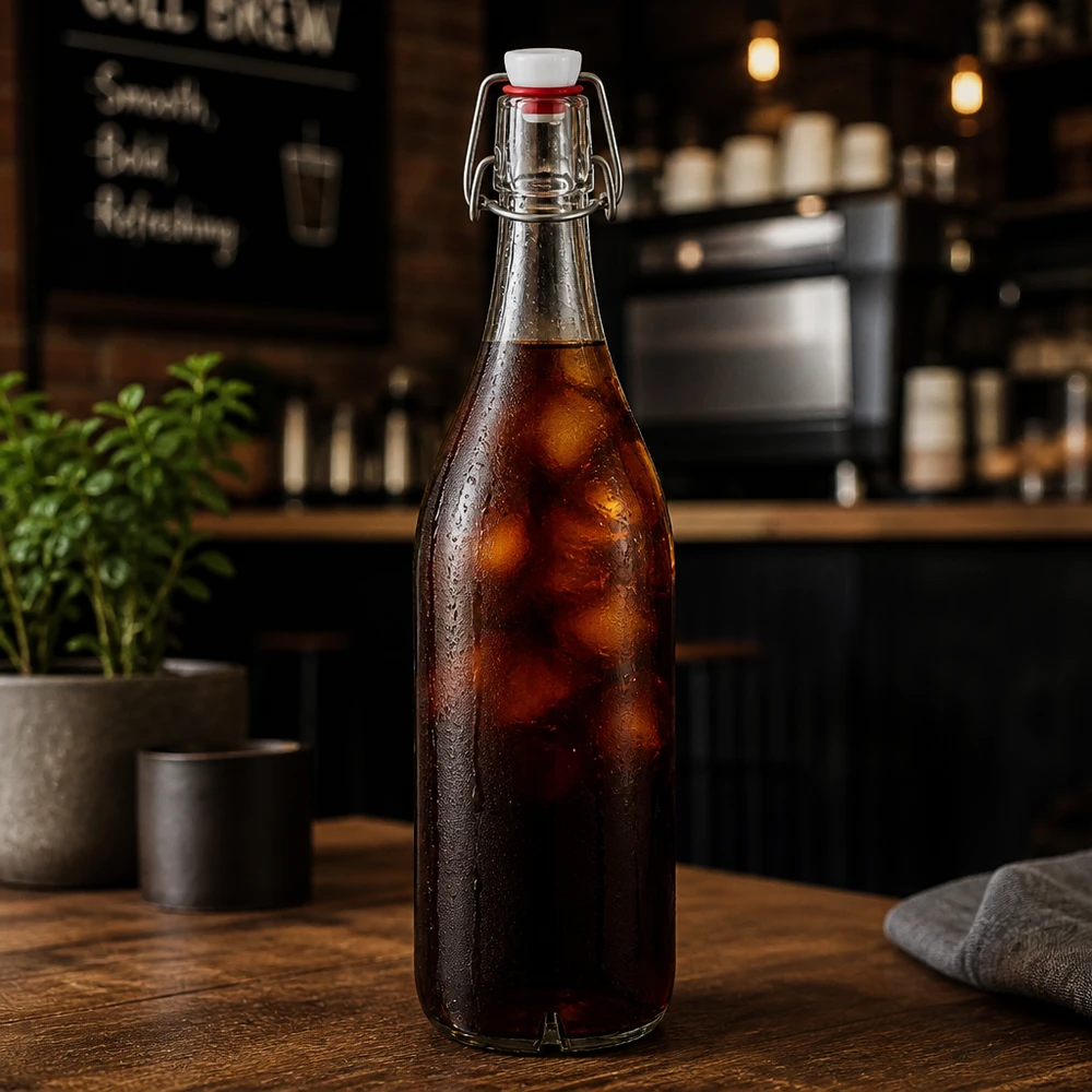 Bouteille en verre de 1000 ml + bouchon mécanique en PVC UNiTWIST 1000ml Glasflasche mit Bügelverschluss gefüllt mit Cola-Getränk auf Holztheke in stilvoller Café-Atmosphäre