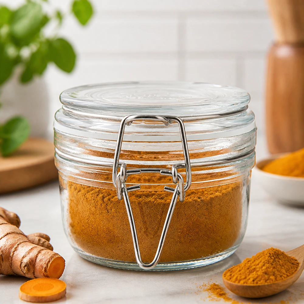 Pot de réserve 200ml type S avec fermeture à étrier UN.. Petit bocal de 200 ml avec fermeture à étrier, idéal pour les épices et les herbes aromatiques dans la cuisine.