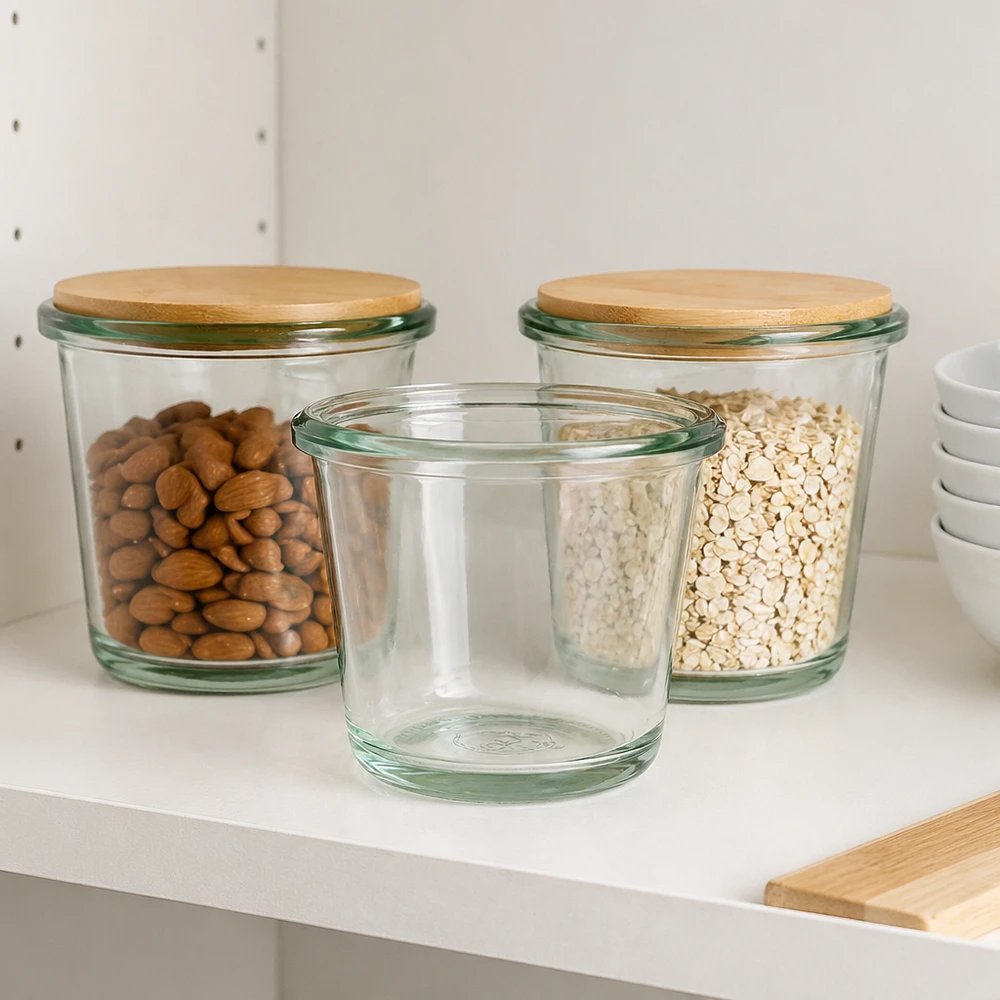 80ml bocal gourmet WECK RR60 80ml WECK Gourmetglas RR60 dans la cuisine moderne comme bocal de réserve pour les noix et les flocons d'avoine avec couvercle en bambou