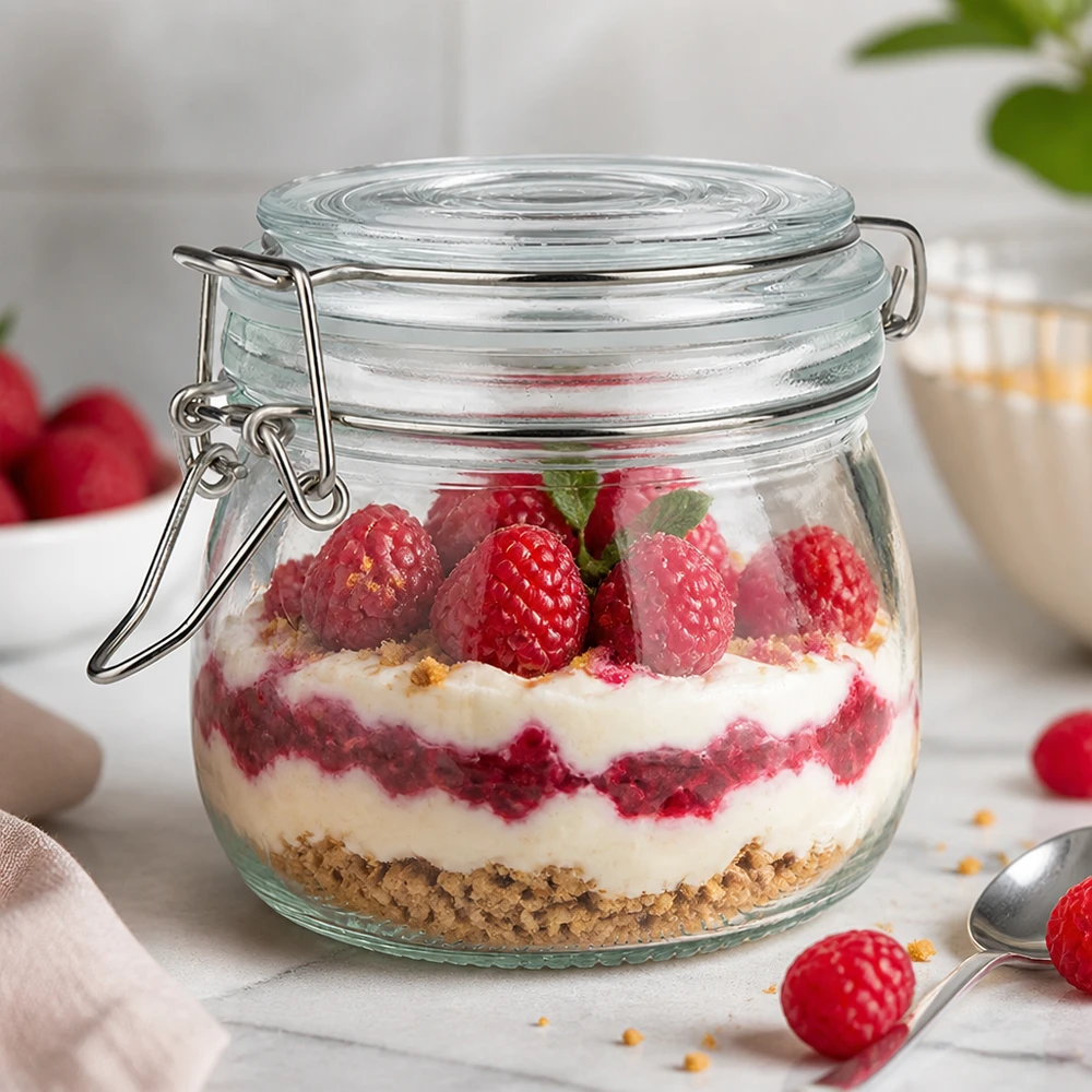 Pot de réserve 500ml type S avec fermeture à étrier UN.. Le dessert en couches dans un bocal de 500 ml avec fermeture à étrier montre une utilisation polyvalente comme verre à dessert