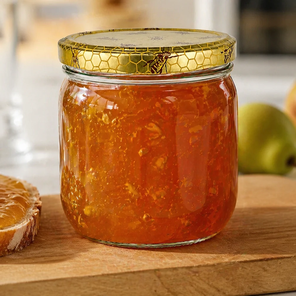 Pot à miel 500 g avec couvercle motif rayon de miel BasicSeal UNiTWIST Pot de miel de 500g avec couvercle en nid d'abeille rempli de confiture dorée à côté de pain et de pomme verte sur planche de bois