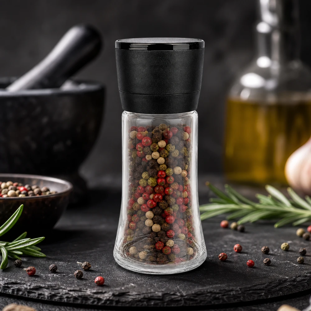 Moulin à poivre Vario 95 ml avec un mélange coloré de grains de poivre rouges, verts et noirs dans un bocal en verre