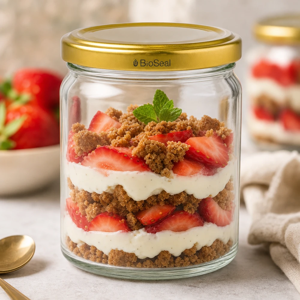 UNiTWIST Runda408 Verre à dessert avec couvercle TO82 BioSeal doré pour tiramisu à la fraise avec crème fouettée