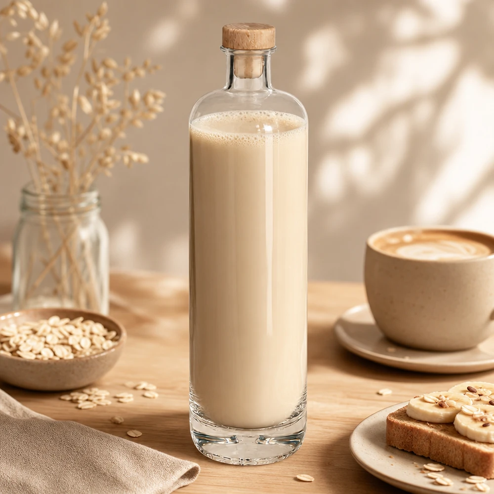 Bouteille en verre Ella de 700 ml contenant du lait d'avoine crémeux et munie d'un bouchon en bois dans une scène agréable de petit-déjeuner avec des flocons d'avoine