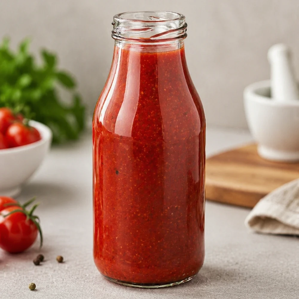 263ml Bouteille sans bouchon (TO43) UNiTWIST Elegante UNiTWIST Glasflasche 263ml mit roter Tomatensauce gefüllt in moderner Küche - perfekt für Saucen und Getränke