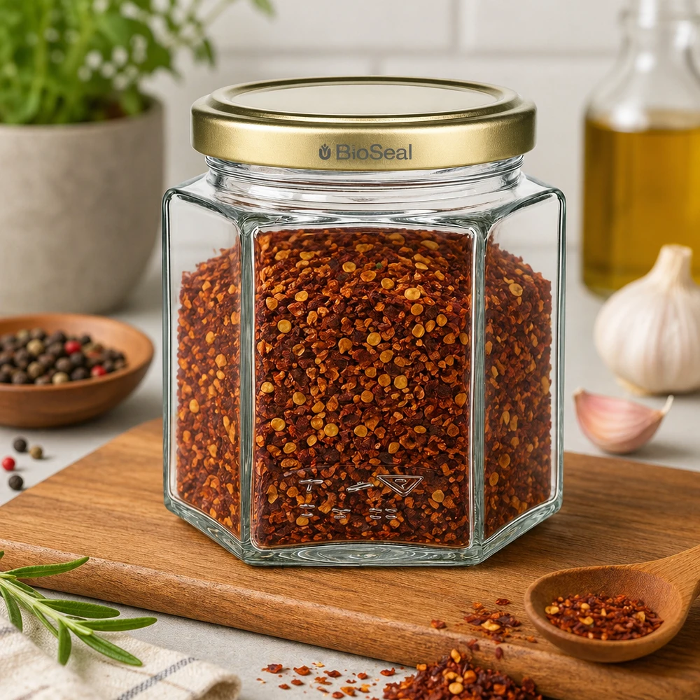 Pot à miel 520 g avec couvercle doré BioSeal UNiTWIST Le pot de miel BioSeal 520g rempli de flocons de piment montre une utilisation polyvalente pour les épices et les provisions