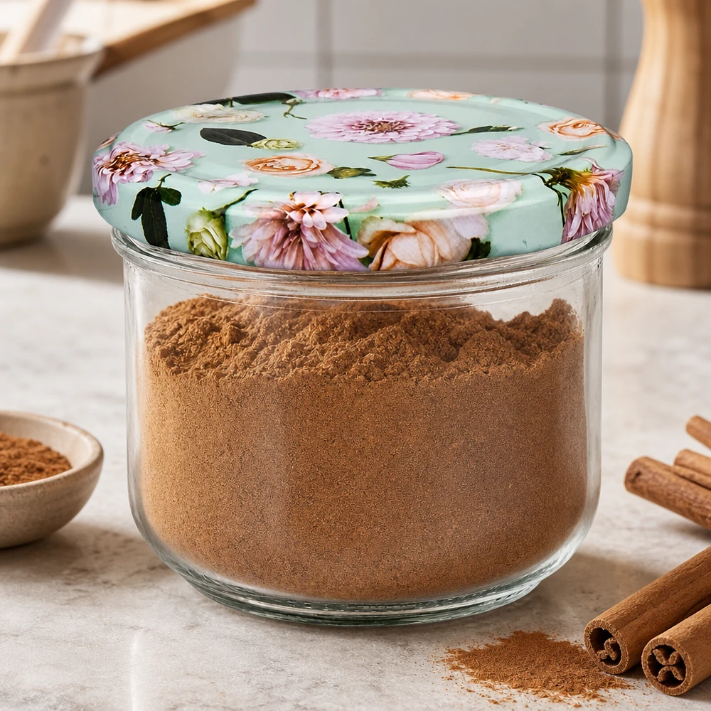 Verre renversé de 260 ml avec couvercle à fleurs BasicSeal rempli d'épices en poudre à la cannelle, bâtons de cannelle comme décoration sur le comptoir de la cuisine