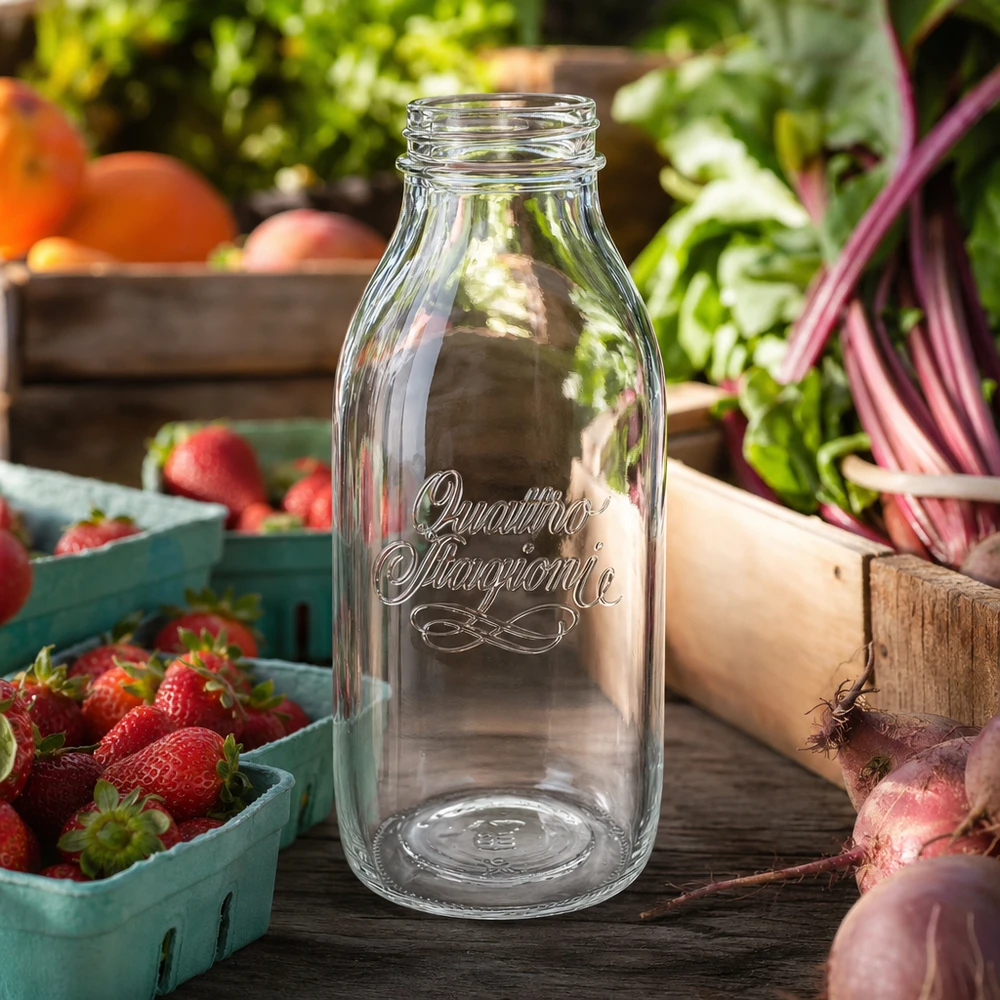 Bouteille Quattro Stagioni à col large 1000ml en verre sur table en bois avec fraises fraîches et légumes en arrière-plan