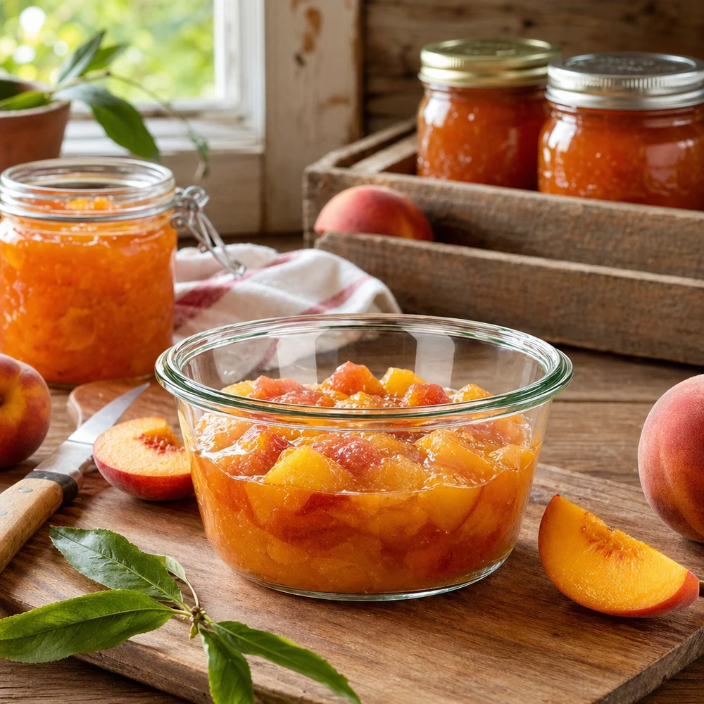WECK RR100 290ml Pot gourmand rempli de confiture de pêches sur une planche en bois à côté de pêches fraîches dans une cuisine rustique