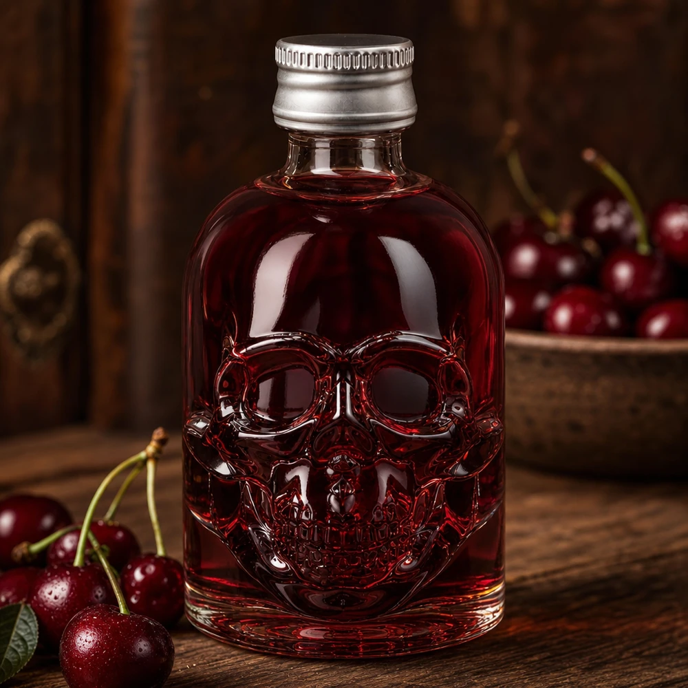 Bouteille en verre 50 ml « Hector » et bouchon à vis argenté UNiTWIST® Bouteille en verre Hector de 50 ml avec liquide rouge à la cerise et bouchon argenté entre des cerises fraîches sur une table en bois