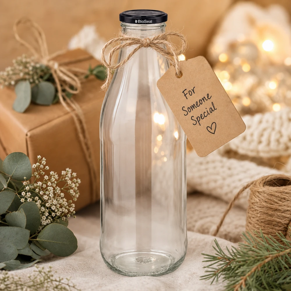 Bouteille en verre de 1000 ml avec couvercle noir Emballage cadeau Pendentif en corde de jute Décoration durable respectueuse de l'environnement