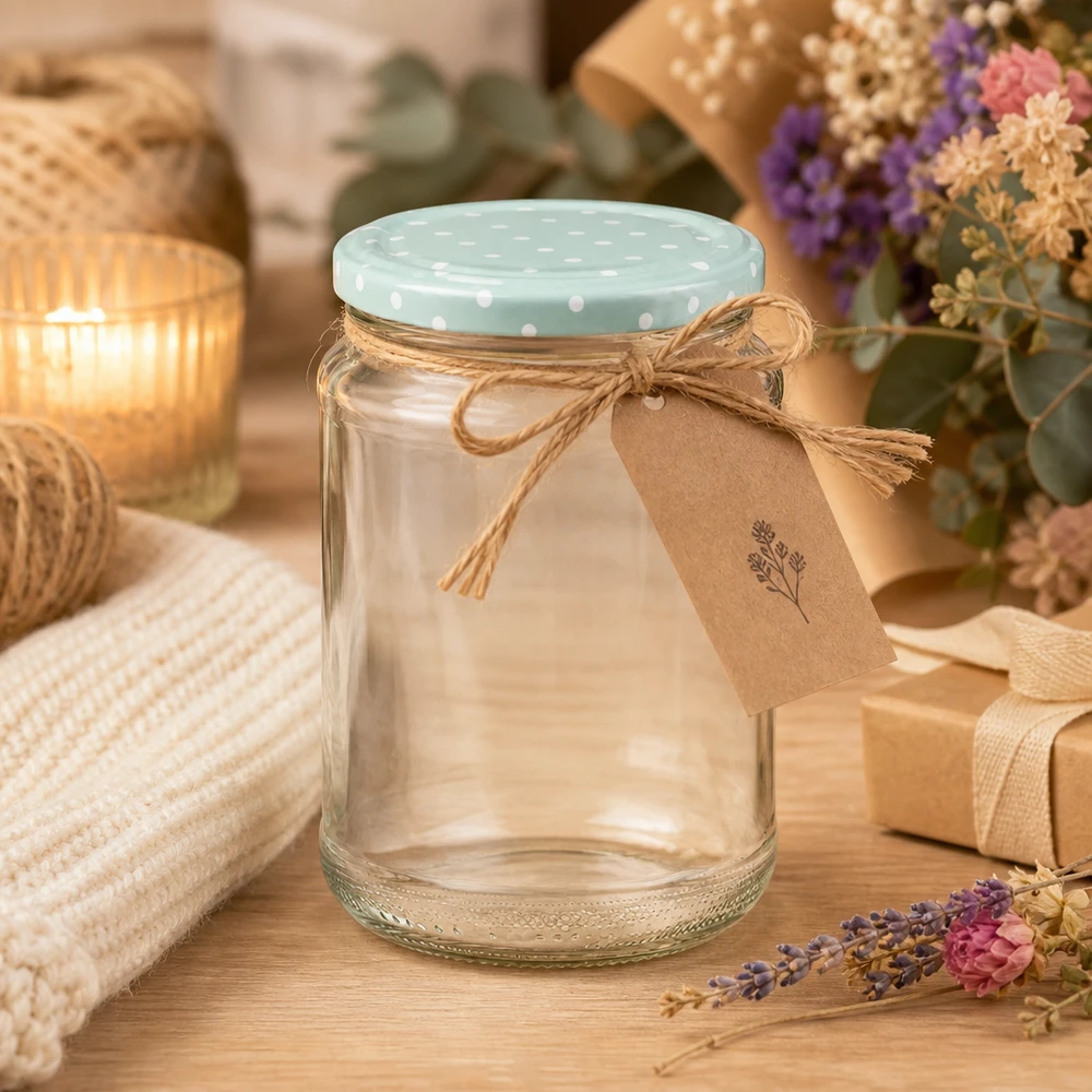 375ml Verre rond BasicSeal Couvercle menthe Points décoratifs arrangés Jute Noeud Étiquette cadeau Papier raphia rustique