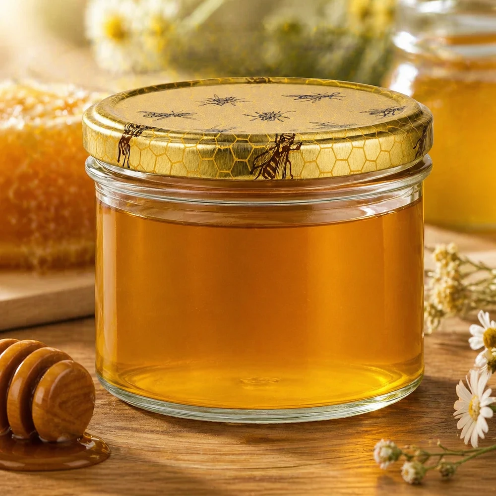 Pot à miel 250 g avec couvercle motif rayon de miel BasicSeal UNiTWIST Pot de miel de 250g avec couvercle en nid d'abeille rempli de miel doré à côté d'une cuillère à miel et de fleurs de camomille