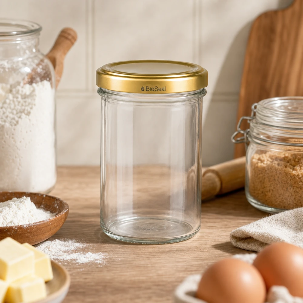 230ml Verre conique avec couvercle BioSeal or UNiTWIST UNiTWIST Sturz230 verre TO66 BioSeal couvercle doré dans la cuisine entre les ingrédients de cuisson farine œufs sur planche en bois