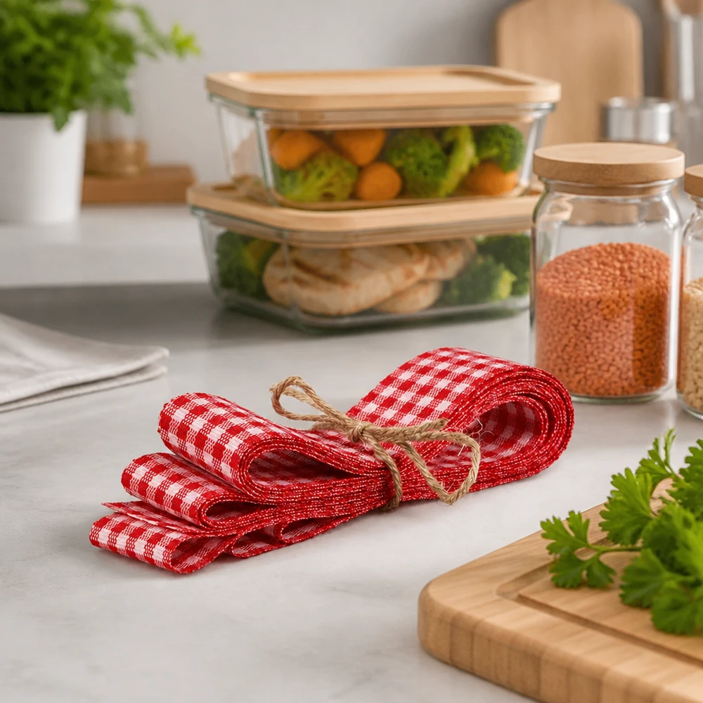 Ruban en tissu rouge et blanc pour la décoration, 300 cm Bande de tissu à carreaux rouge et blanc de 300 cm avec de la ficelle de jute attachée à côté de boîtes à provisions et d'herbes fraîches sur le plan de travail