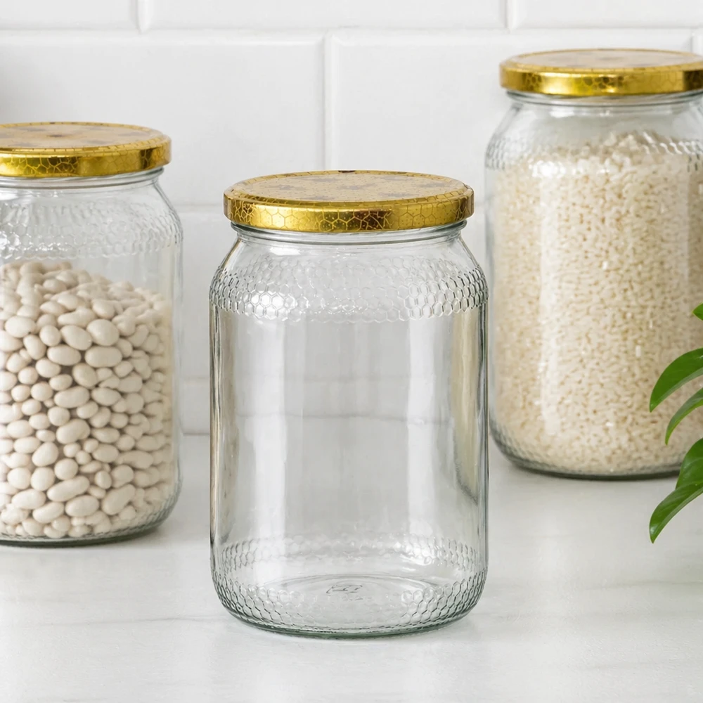 Pot à miel 1260 g avec couvercle motif rayon de miel BasicSeal UNiTWIST Pots à miel de 900 ml avec couvercle en nid d'abeille BasicSeal organisés comme bocaux de stockage pour les haricots et le riz dans le Pantry