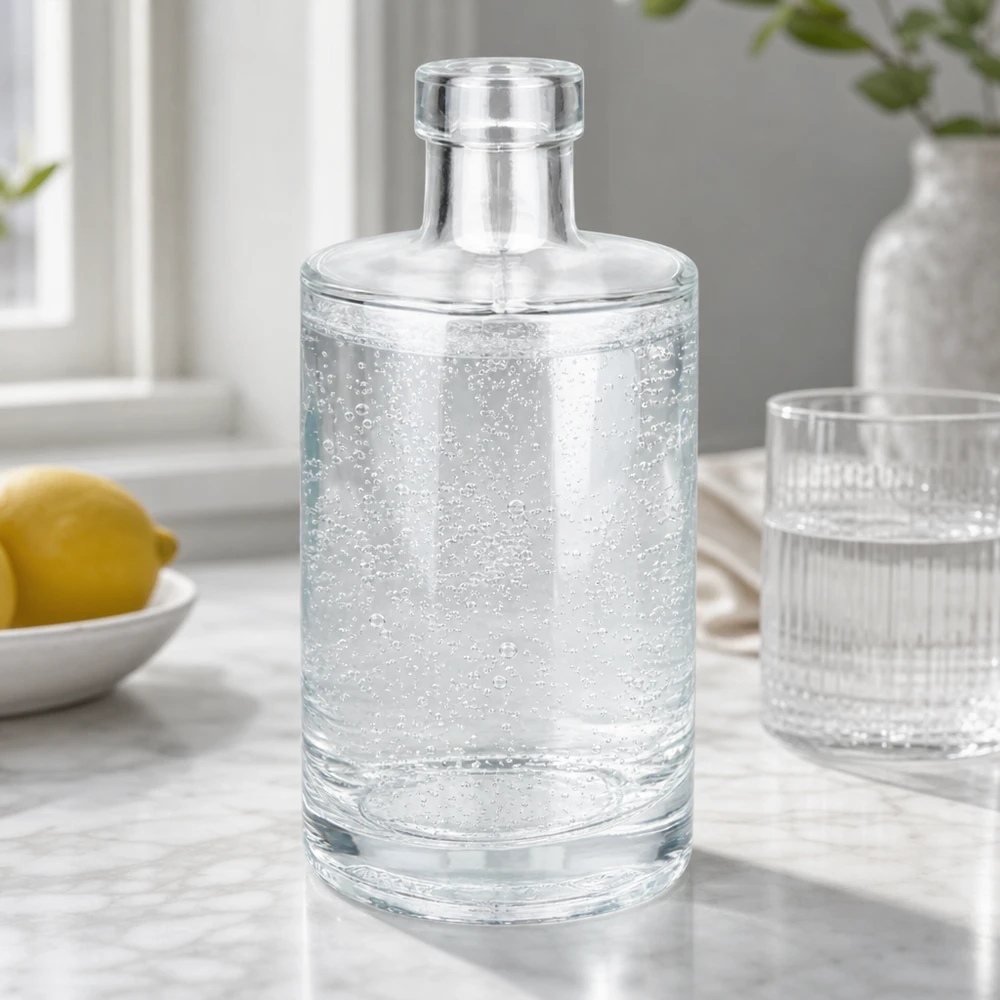 Bouteille en verre 350 ml « Marie » sans bouchon UNiTWIST® 350ml Glasflasche Marie mit Sprudelwasser gefüllt neben Zitrone und Glas stilvolle Tischszene Bild 9 von 10