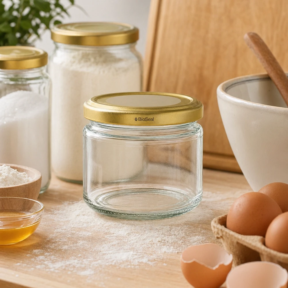 Verre UniTWIST Runda330 avec couvercle TO82 BioSeal Gold dans une cuisine moderne entre les ingrédients de cuisson et les ustensiles de cuisine