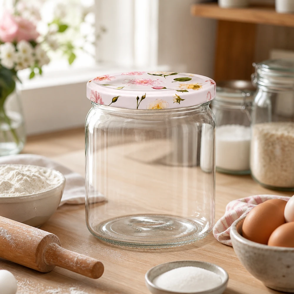 Bocal rond de 408 ml + couvercle BasicSeal fleur rose UNiTWIST 408ml Verre rond rose Couvercle à fleurs BasicSeal Ambiance cuisine Ingrédients de cuisson Œufs Farine Rouleau à pâtisserie Verre de réserve Décoration de cuisine