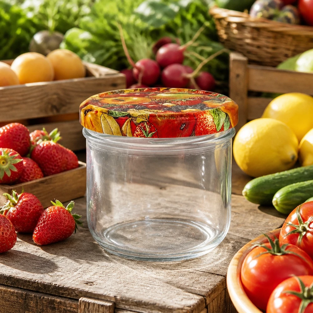 Verre renversé vide de 260 ml avec décor de fruits Couvercle entouré de légumes et de fruits frais sur table en bois